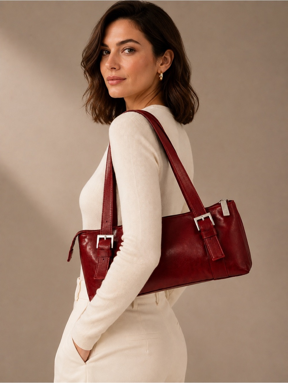 HOBO Burgundy Glazed Red Leather Shoulder Bag with Silver Hardware